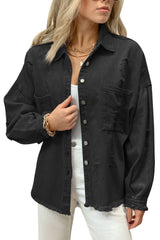 Black Distressed Fringe Trim Denim Jacket from MsDressly