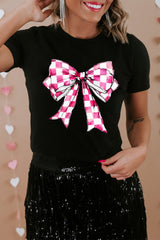 Black Checkerboard Bowknot Graphic Crewneck T Shirt from MsDressly