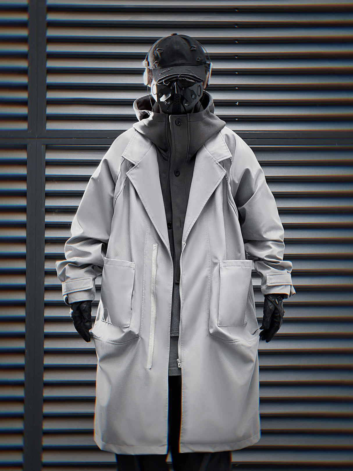 J36 Grey Urban Trench Coat with Hoodie from Niepce Inc