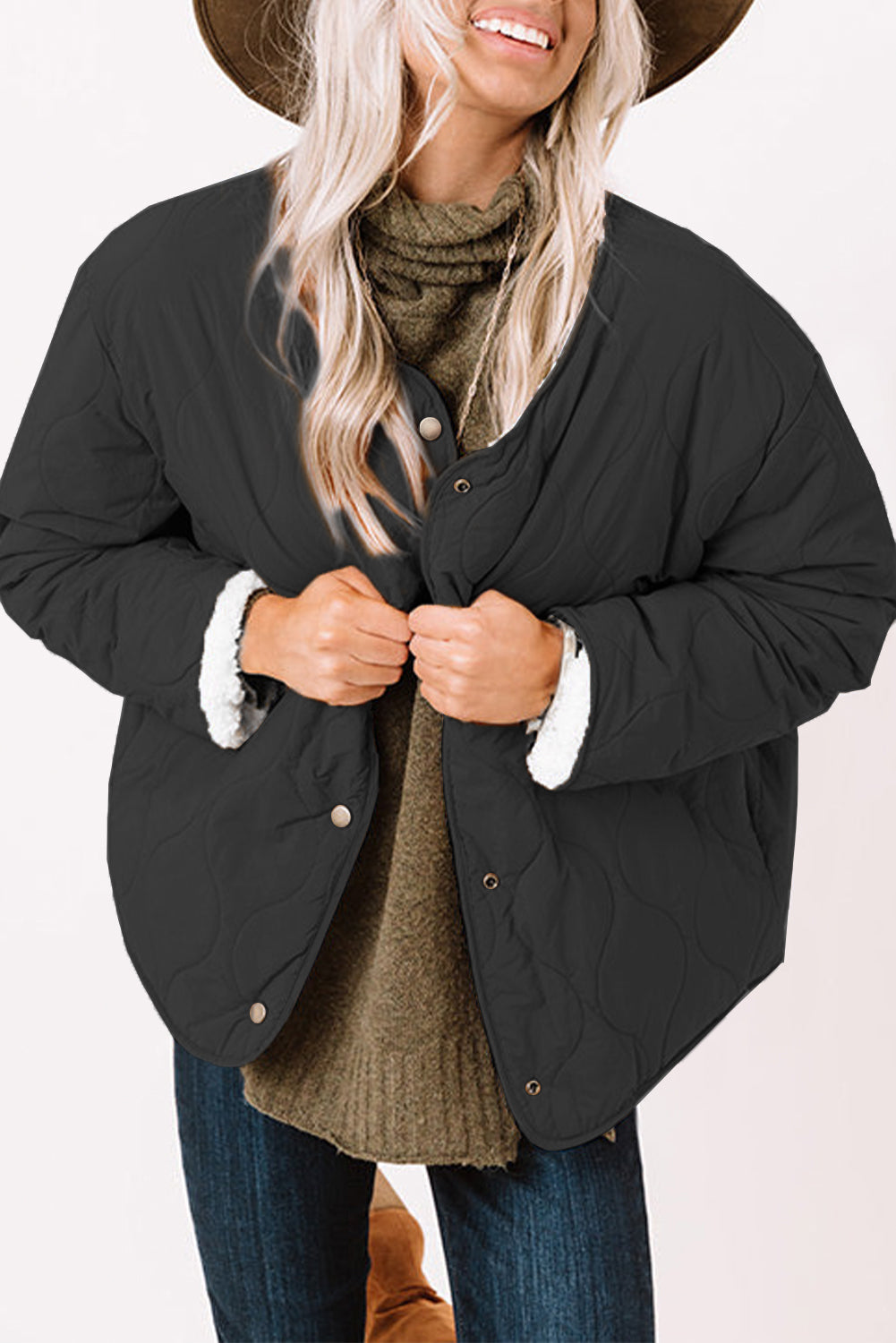 Black Snap Button Furry Reversible Coat From MsDressly