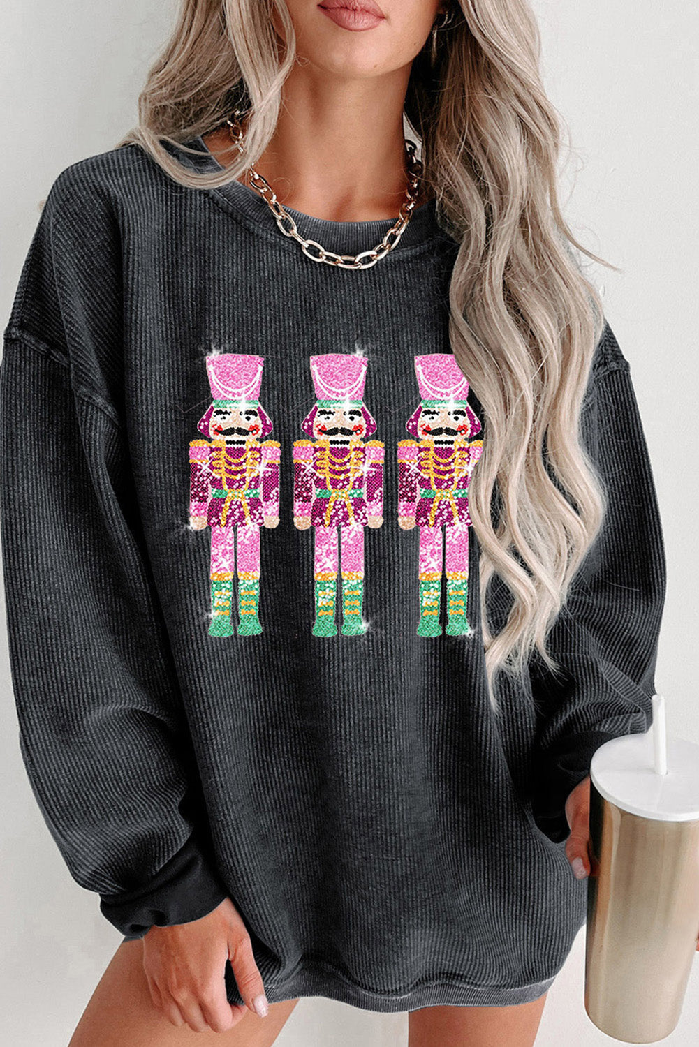 Black Christmas Sequined Nutcrackers Mineral Wash Corded Sweatshirt from MsDressly