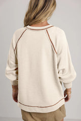 Beige Exposed Seam Textured Knit V Neck Pullover Top from MsDressly