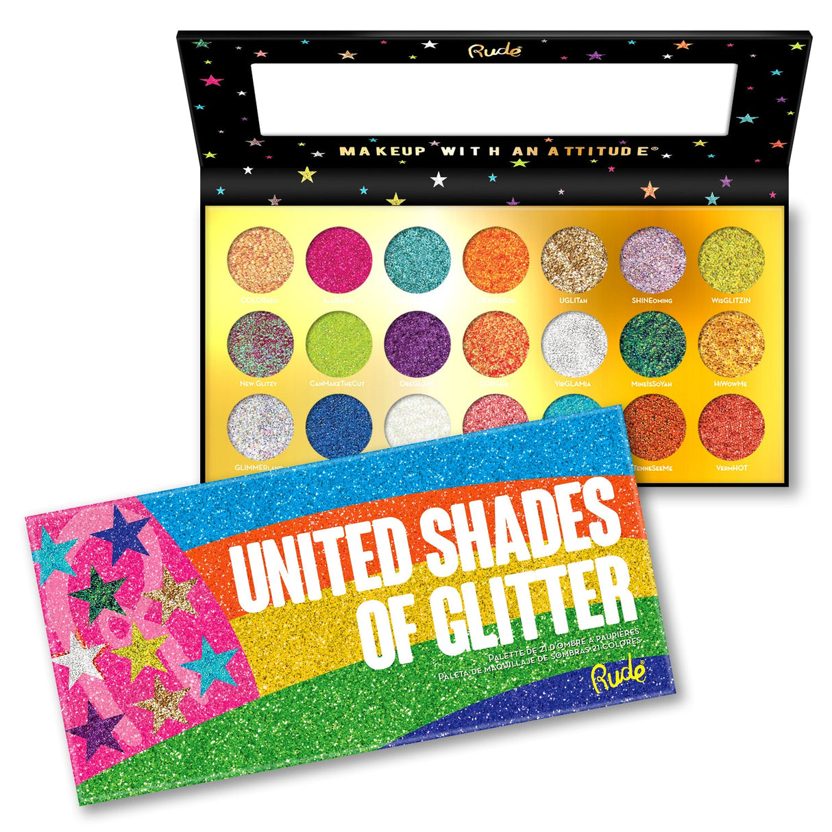United Shades of Glitter -  21 Pressed Glitter Eyeshadow Palette from Rude Cosmetics