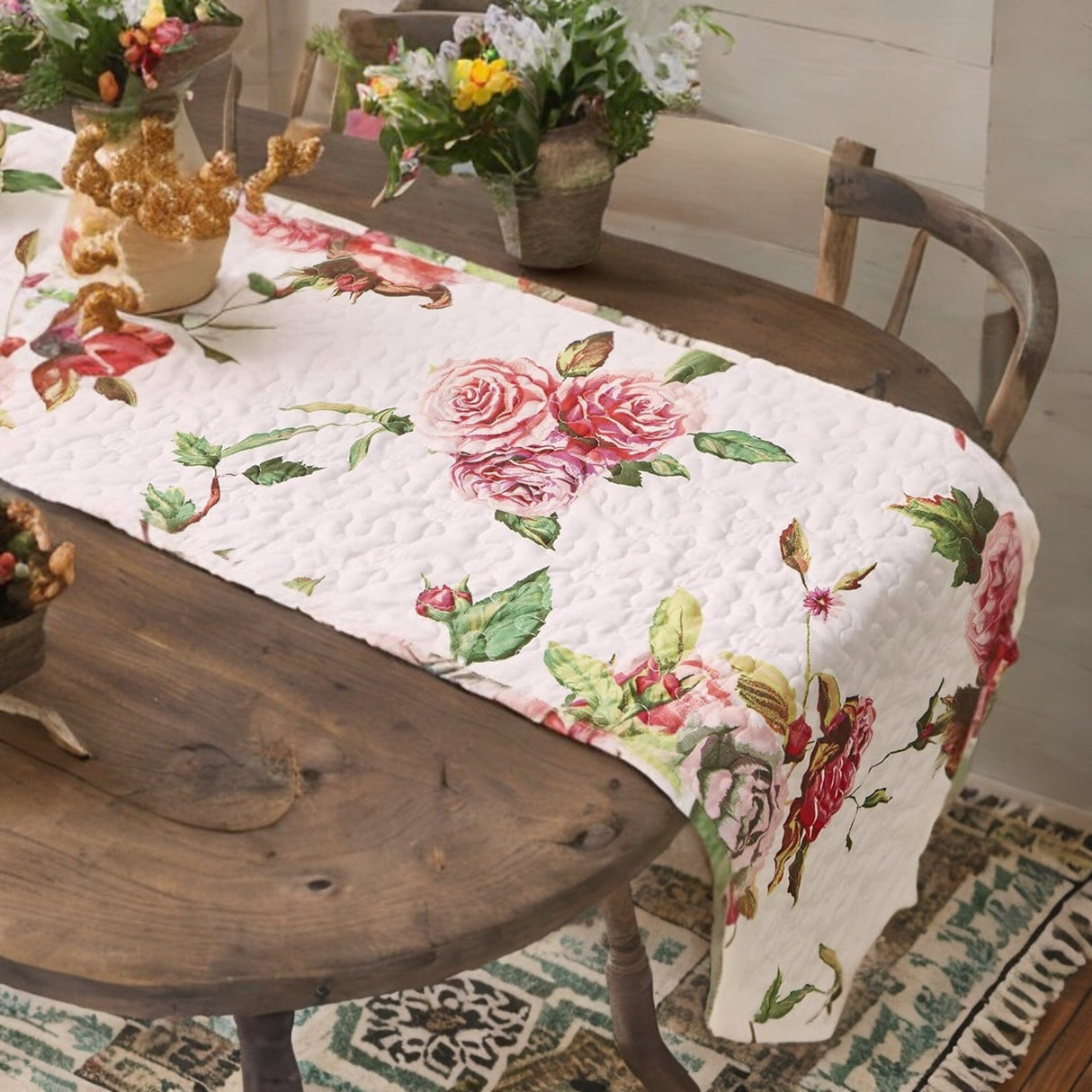 DaDa Bedding Romantic Roses Pink White Lovely Floral Quilted Dining Table Runner (879) from DaDalogy Bedding Collection