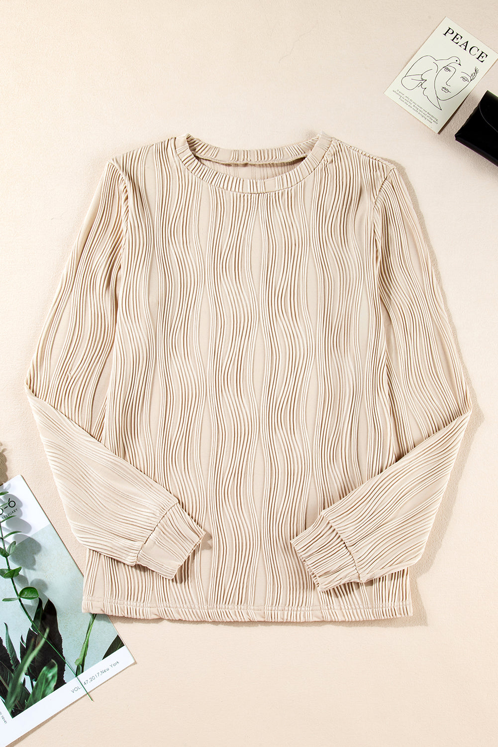 Apricot Textured Wavy Round Neck Long Sleeve Top from MsDressly