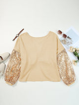 Apricot Sequin Patchwork Waffle Knit Open Back Top with Long Sleeves from MsDressly