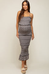 Black Floral Smocked Ruffle Tier Maternity Midi Dress from PinkBlush