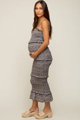 Black Floral Smocked Ruffle Tier Maternity Midi Dress from PinkBlush