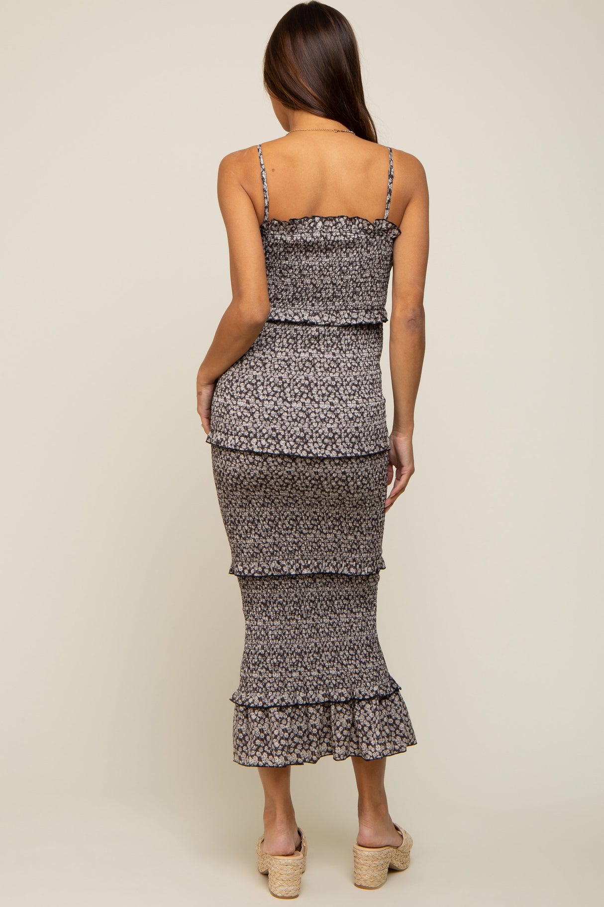 Black Floral Smocked Ruffle Tier Maternity Midi Dress from PinkBlush