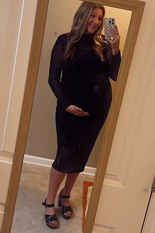 Black Shimmer Mesh Long Sleeve Ruched Maternity Midi Dress from PinkBlush
