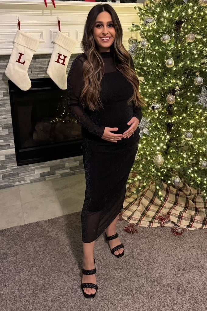 Black Shimmer Mesh Long Sleeve Ruched Maternity Midi Dress from PinkBlush
