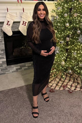 Black Shimmer Mesh Long Sleeve Ruched Maternity Midi Dress from PinkBlush