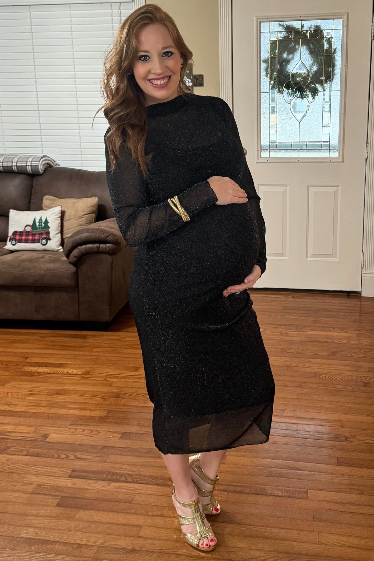 Black Shimmer Mesh Long Sleeve Ruched Maternity Midi Dress from PinkBlush