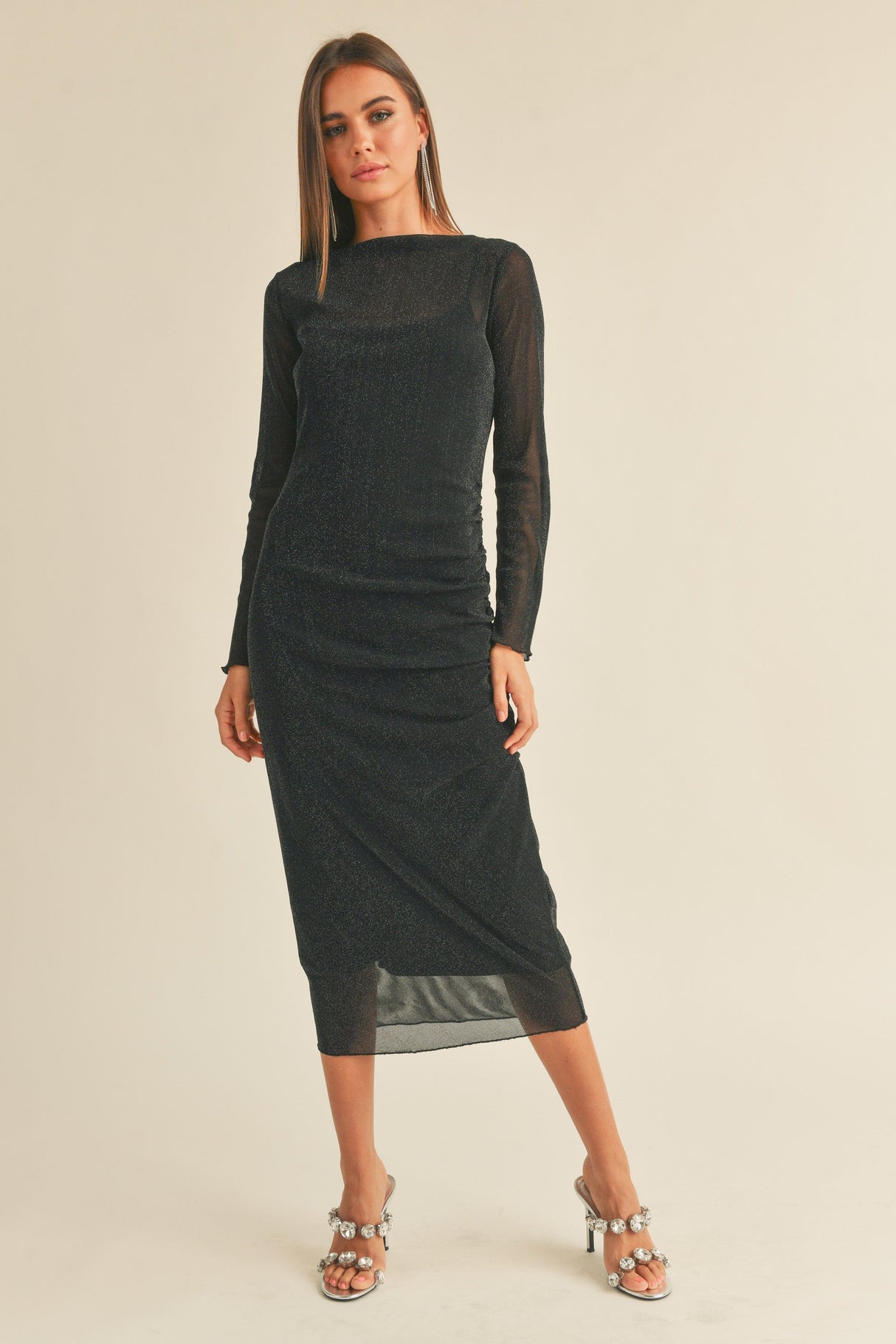 Black Shimmer Mesh Long Sleeve Ruched Maternity Midi Dress from PinkBlush