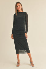 Black Shimmer Mesh Long Sleeve Ruched Maternity Midi Dress from PinkBlush