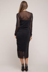 Black Shimmer Mesh Long Sleeve Ruched Maternity Midi Dress from PinkBlush