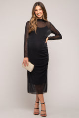 Black Shimmer Mesh Long Sleeve Ruched Maternity Midi Dress from PinkBlush