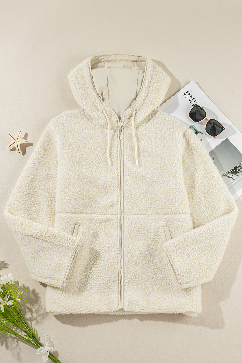 Fleece Zip Up Drawstring Hooded Pocketed Jacket from Threaded Pear