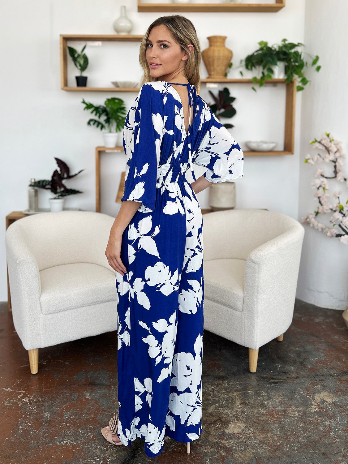 Double Take Full Size Printed Tie Back Wide Leg Jumpsuit from Enfance-Heureuse