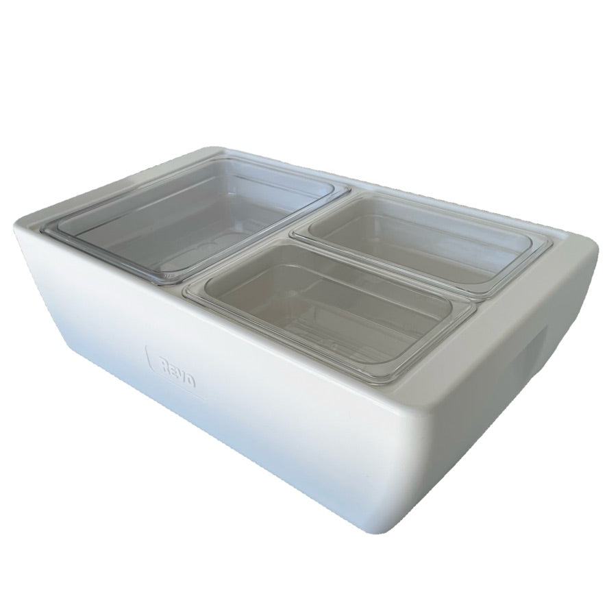 REVO MIX Pan Set | Polycarbonate 2.5" deep | One 1/2 Size and Two 1/4 size food pans From REVO COOLERS, LLC
