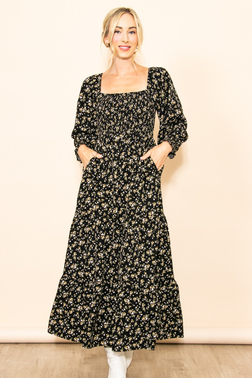 Black Floral Smocked Long Sleeve Maternity Maxi Dress from PinkBlush