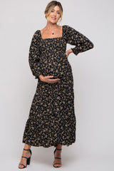 Black Floral Smocked Long Sleeve Maternity Maxi Dress from PinkBlush
