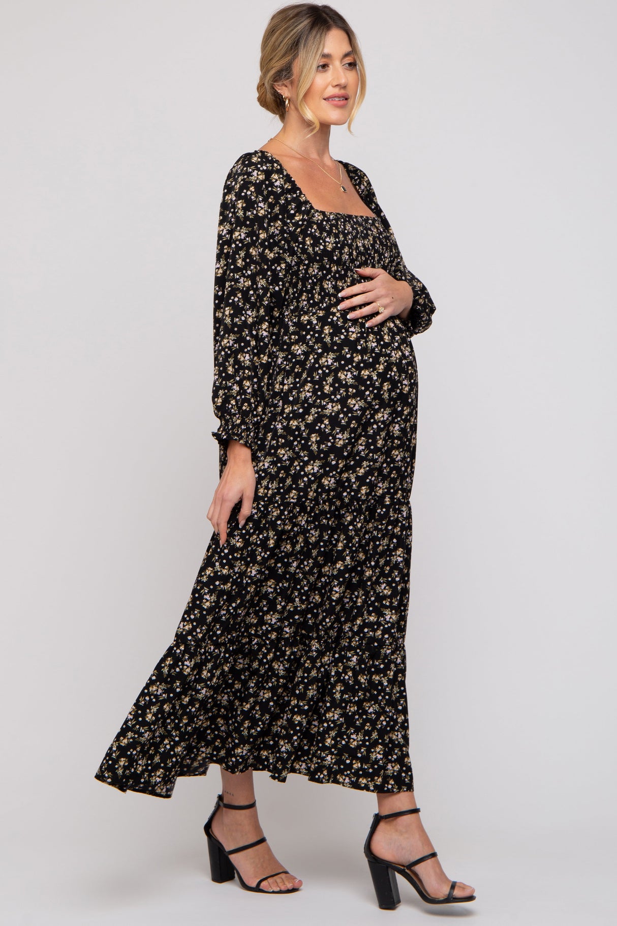 Black Floral Smocked Long Sleeve Maternity Maxi Dress from PinkBlush