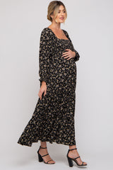 Black Floral Smocked Long Sleeve Maternity Maxi Dress from PinkBlush