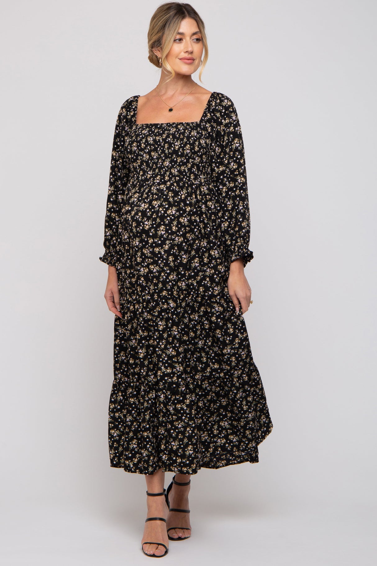 Black Floral Smocked Long Sleeve Maternity Maxi Dress from PinkBlush