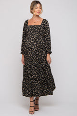 Black Floral Smocked Long Sleeve Maternity Maxi Dress from PinkBlush