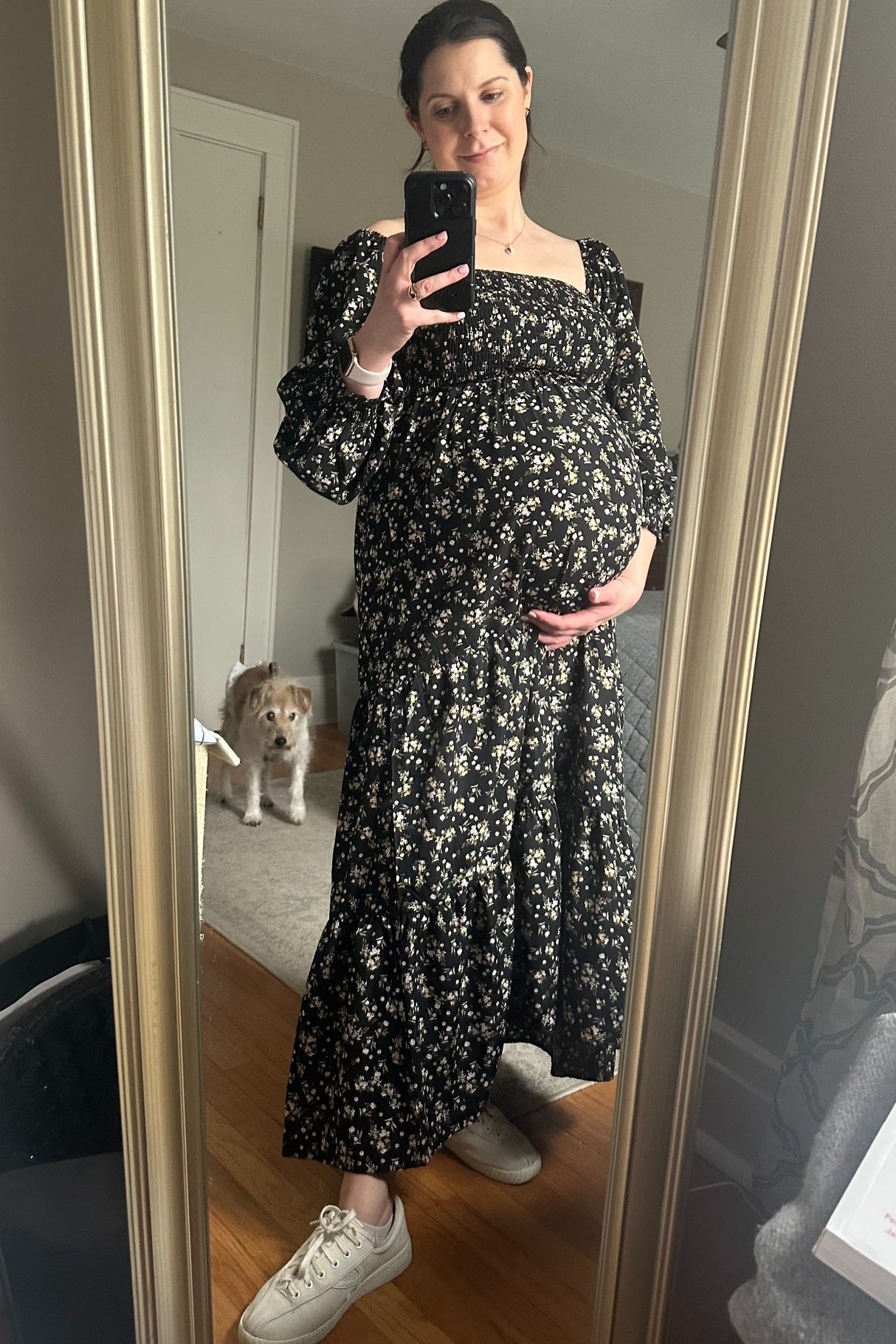 Black Floral Smocked Long Sleeve Maternity Maxi Dress from PinkBlush