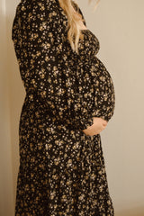 Black Floral Smocked Long Sleeve Maternity Maxi Dress from PinkBlush