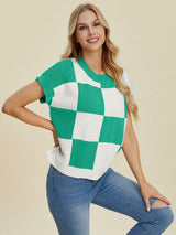 Double Take Full Size Checkered Round Neck Short Sleeve Sweater from Enfance-Heureuse