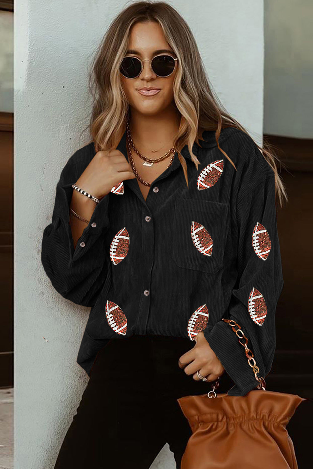 Black Sequin Rugby Pattern Buttoned Corduroy Shacket from MsDressly