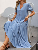 Perfee Decorative Button Notched Short Sleeve Midi Dress from Enfance-Heureuse