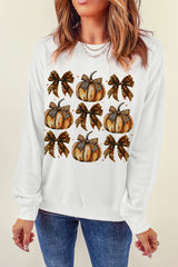 Beige Pumpkin Leopard Bow Knot Print Pullover Sweatshirt from MsDressly
