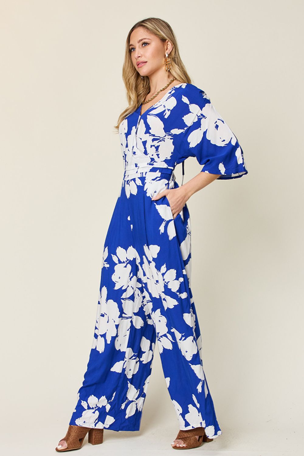 Double Take Full Size Printed Tie Back Wide Leg Jumpsuit from Enfance-Heureuse