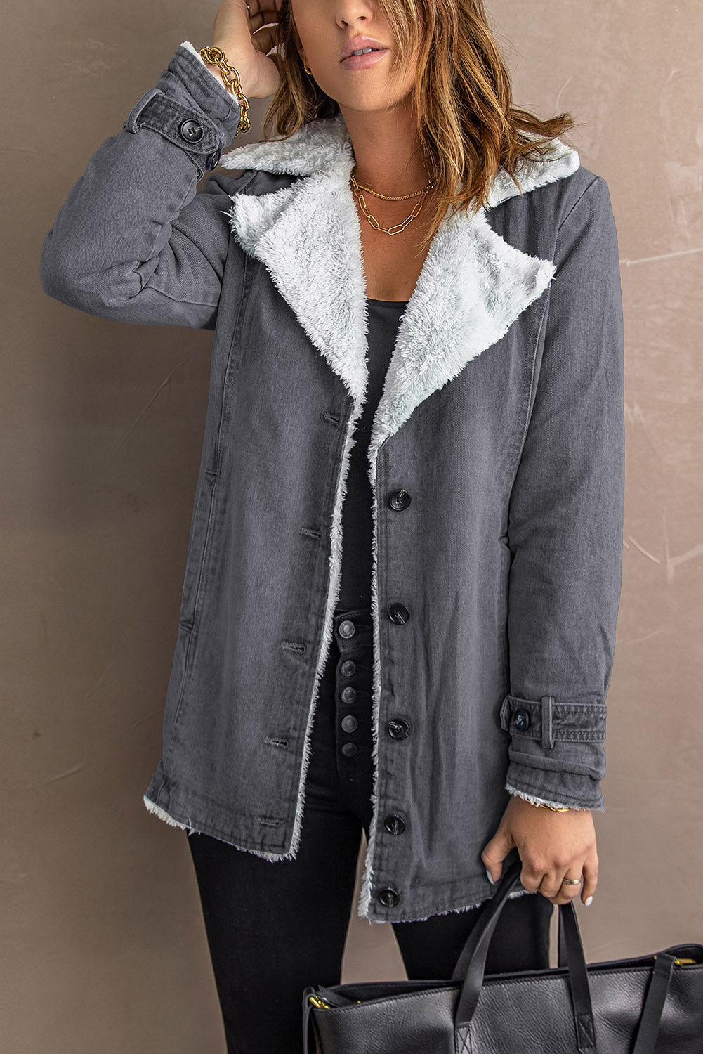 Casual Denim Coat with Plush Lining from MsDressly