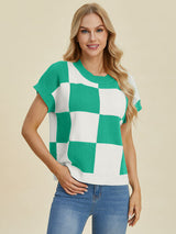 Double Take Full Size Checkered Round Neck Short Sleeve Sweater from Enfance-Heureuse