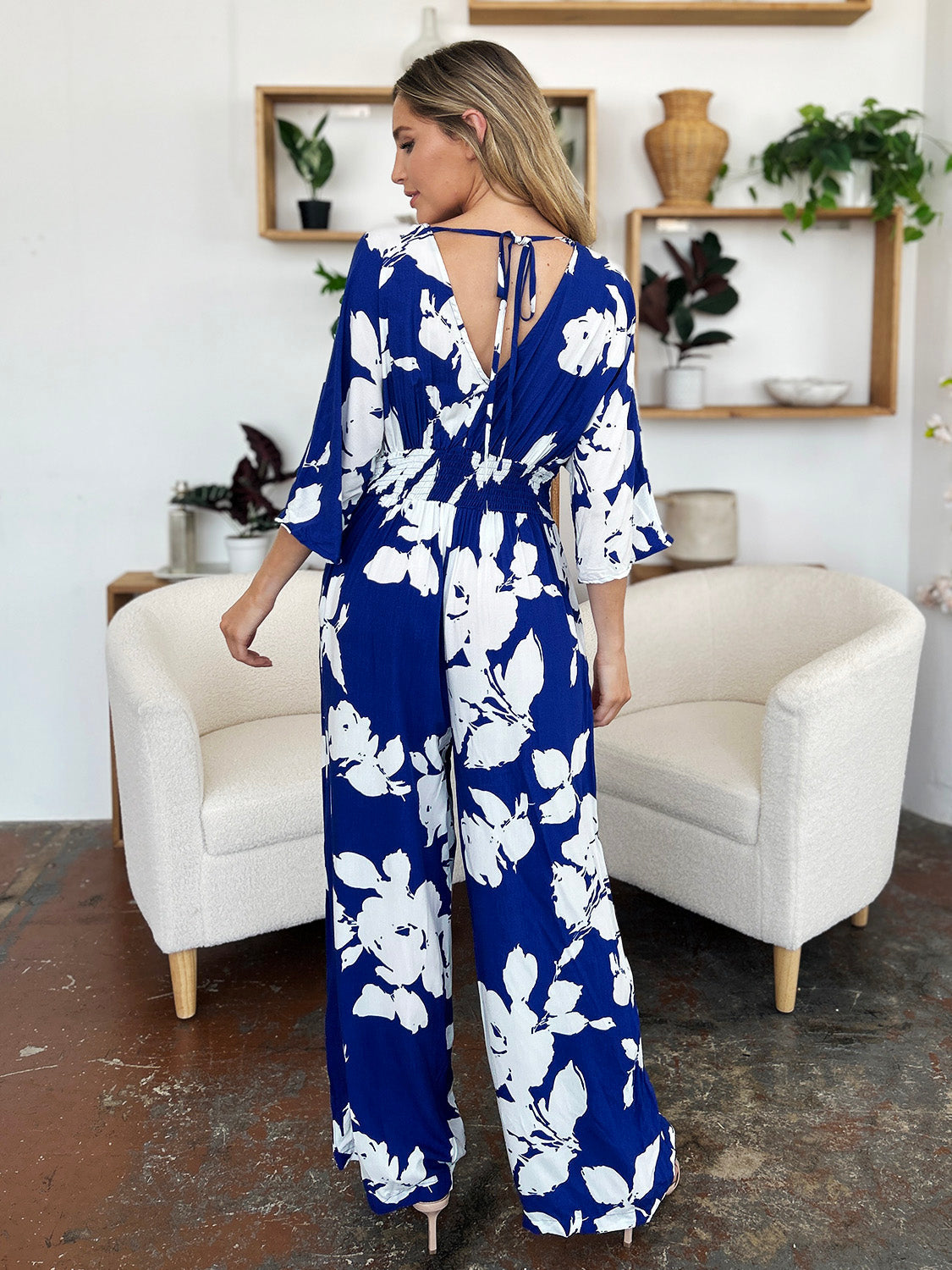 Double Take Full Size Printed Tie Back Wide Leg Jumpsuit from Enfance-Heureuse