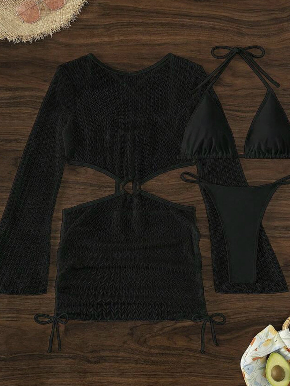 Black Crochet Micro Bikini Set with O-ring Detail and Backless Cover-Up Dress from MsDressly