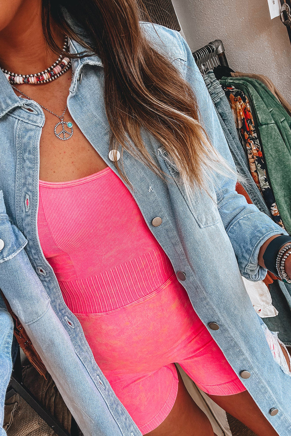 Beau Blue Light Wash Distressed Frayed Long Denim Jacket from MsDressly