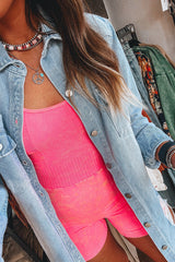 Beau Blue Light Wash Distressed Frayed Long Denim Jacket from MsDressly