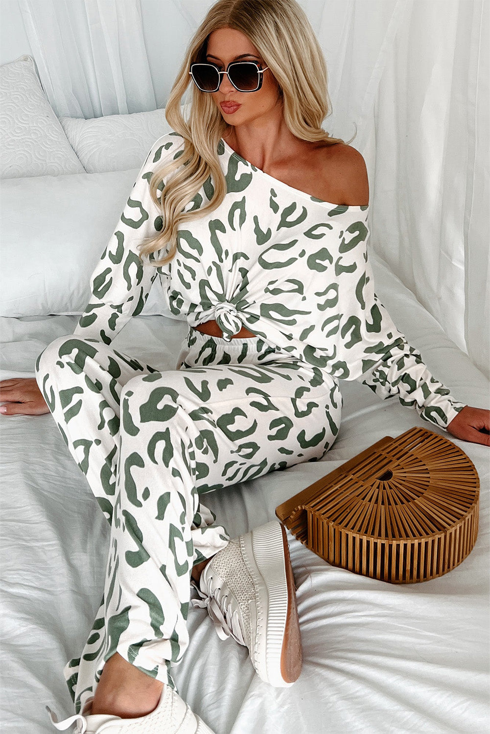 Beige Leopard Animal Print Long Sleeve and Pants Loungewear Set from MsDressly