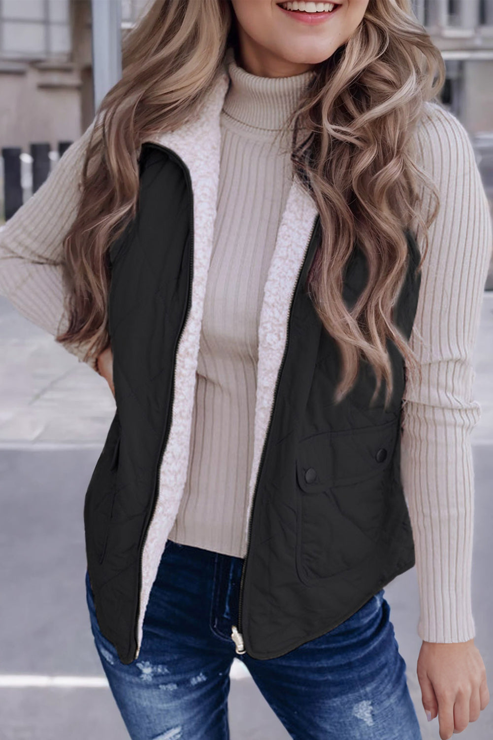 Black Fleece Lined Quilted Zip up Vest Coat From MsDressly