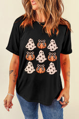 Black Halloween Ghost Pumpkin Print Crew Neck T Shirt from MsDressly