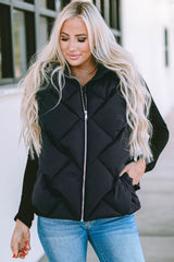 Black Quilted Zipper Front Hooded Vest Coat From MsDressly