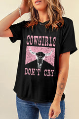 Black COWGIRL DONT CRY Steer Head Print Short Sleeve Top from MsDressly