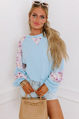 Beau Blue Textured Floral Patchwork Balloon Sleeve Blouse from MsDressly
