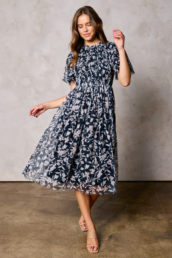 Black Floral Smocked Mesh Knit Maternity Midi Dress from PinkBlush